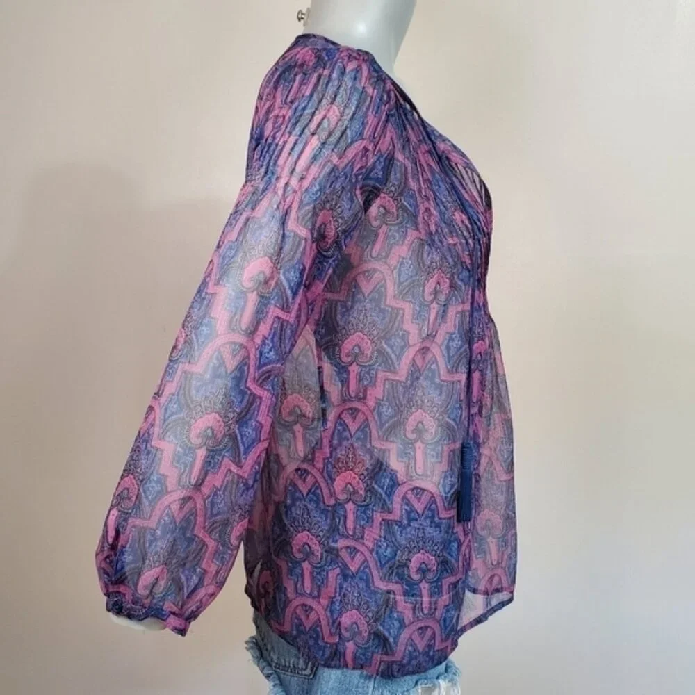 joie Bohemian Sheer Paisley Print Silk Pop Over Blouse Size XXS - Picture 3 of 14